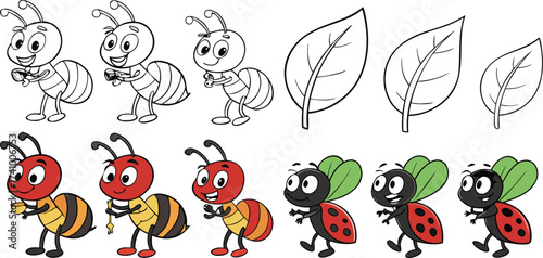 Cartoon ants and ladybugs with leaves and objects insect illustration