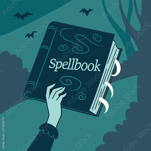A stylized and eerie illustration featuring a ghostly pale hand of a witch or sorceress holding up a large, ancient spellbook. 