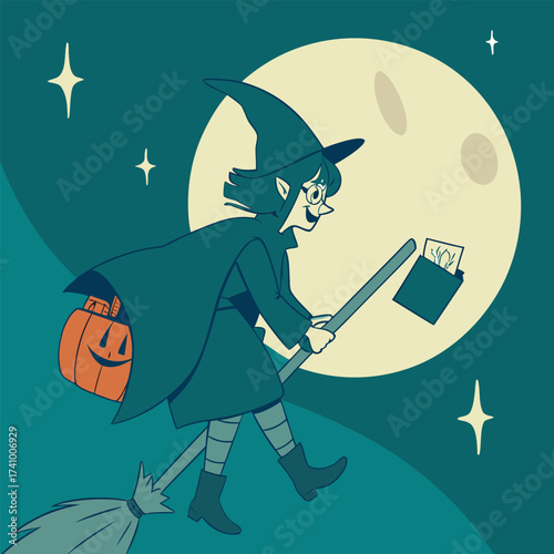 A charming, retro-style cartoon illustration of a happy young witch flying on a broomstick at night.
