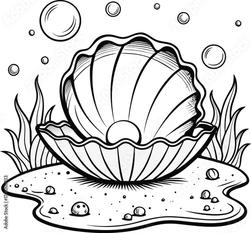 Black and white illustration of an open seashell with a pearl and surrounding seaweed and bubbles