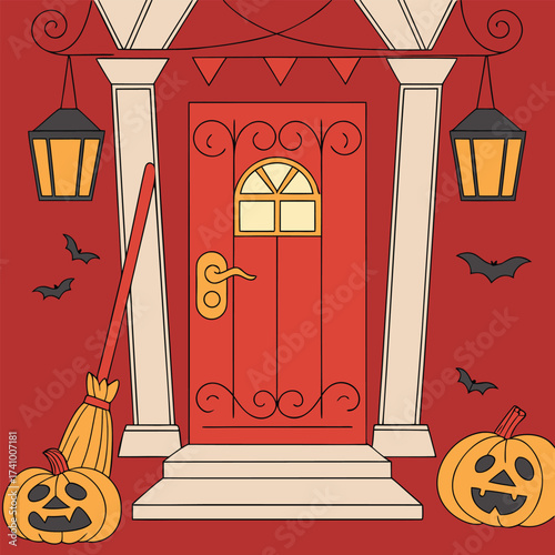 A charming and festive illustration of a front porch decorated for Halloween. 