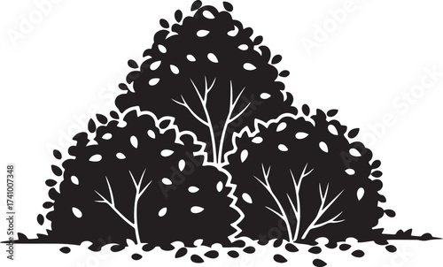 Stylized black vector silhouette of three dense shrubs or bushes with leaves, perfect for symbolizing nature, gardening, and organic themes in design.