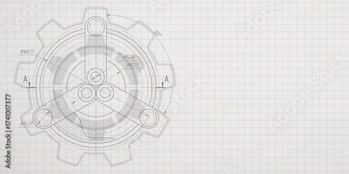 School education, study. Gears. Engineering industry. Technical drawing of gear .Technology background. Vector illustration.