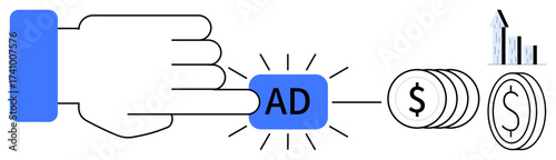 Hand clicks ad button emitting light, linking to coins and a bar graph. Ideal for online advertising, revenue growth, pay-per-click, marketing strategy, business success, financial gain, simple