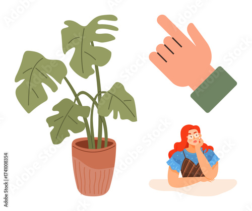 Monstera plant in pot, red-haired woman pondering with hand on chin, large hand pointing. Ideal for decision-making, reflection, sustainability, eco-friendliness, mindfulness, home decor growth