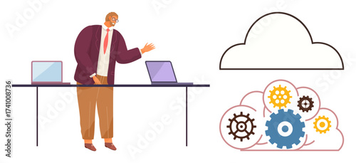 Business professional gesturing toward laptops on desk alongside cloud graphic with gears. Ideal for technology, cloud solutions, innovation, teamwork, data management, strategy, digital