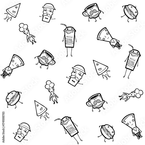 seamless vector pattern with fast food and drinks coffee