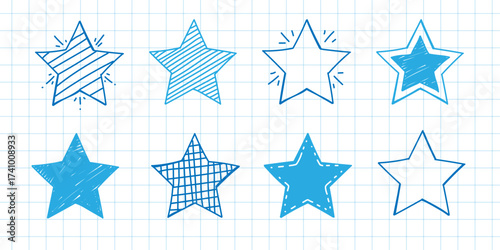 Set of hand drawn stars. Drawing of stars on notebook paper. Vector illustration.