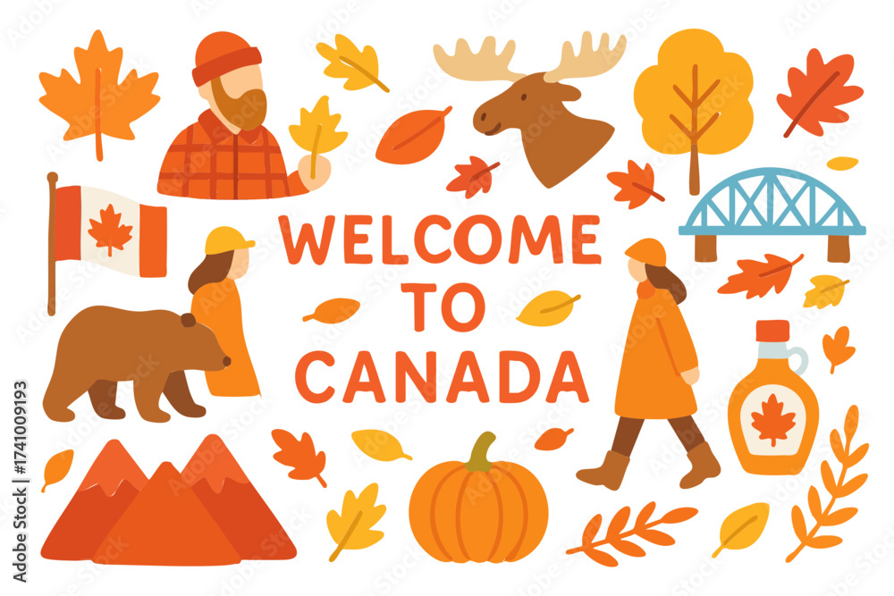 Fototapeta premium Flat Design Welcome to Autumn Canada Icon Set