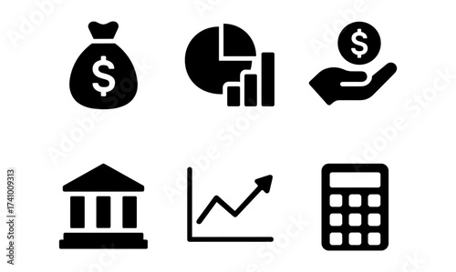 Minimalist finance icon set featuring money bag, pie chart, hand with coin, bank, graph, and calculator for business design
