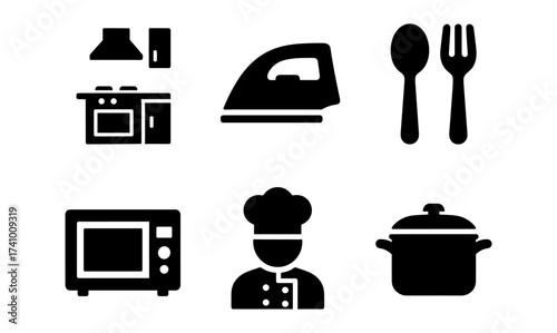 Kitchen essentials set with cooking utensils and appliances icons for design
