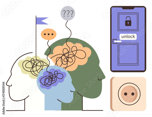 Heads with tangled brains symbolize confusion, speech bubbles suggest dialogue, leading to unlocking door as mental clarity. Ideal for problem-solving, communication, psychology, teamwork