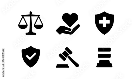 Ideal concepts icons: justice, healthcare, protection, law, and support symbols for design