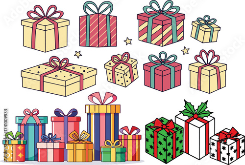 Assortment of colorful cartoon gift boxes with bows and ribbons present christmas