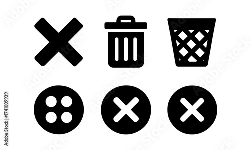Minimalist symbol collection with trash bins and crosses for ui design and interface projects