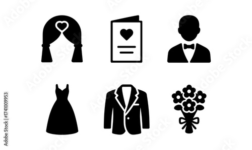 Elegant wedding essentials set: iconic suit, dress, bouquet, invitations, and couple silhouettes for design and decor