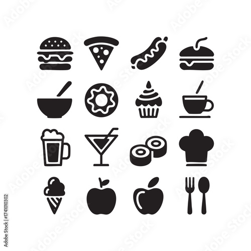 Set of food and drink icons simple black glyphs for restaurant menu and app design isolated on white background