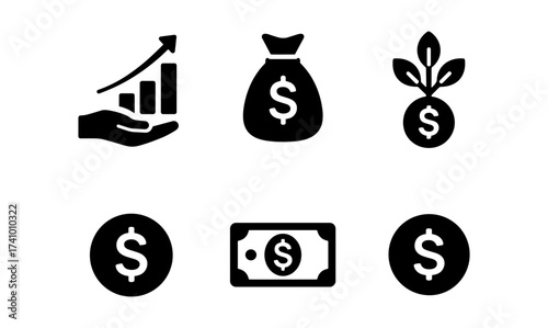 Finance icon set featuring growth, money bag, investment, coins, and dollar bill for business design