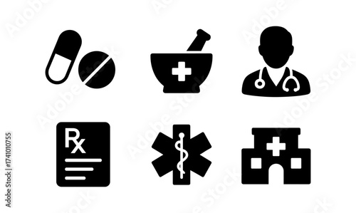 Healthcare icon set featuring medical symbols for design and marketing
