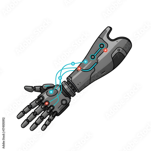 Stylized robotic prosthetic arm with blue wires and glowing LEDs on white background