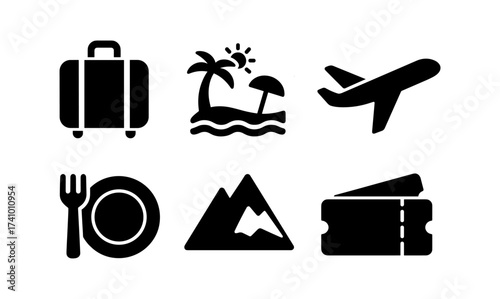 Travel icons collection: suitcase, beach, airplane, dining, mountain, ticket for vacation planning and design