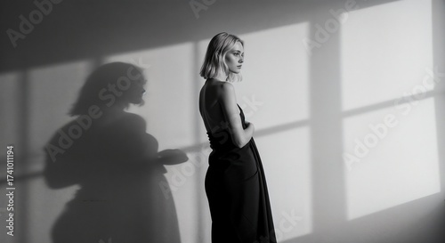 Young woman in elegant black dress standing by window with shadows  