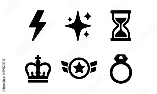 Minimalist icon collection featuring lightning, sparkle, hourglass, crown, star badge, and ring for design and decoration