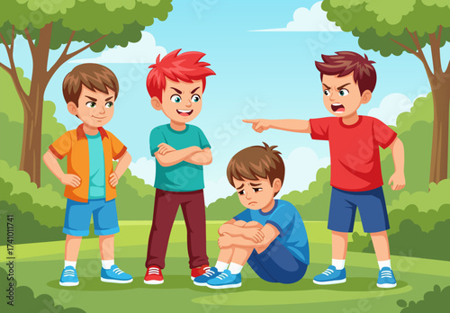 Stop Bullying  A Group of Boys Teasing and Mocking a Sad Boy in a Park Illustration
