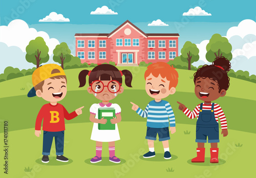Illustration depicting children bullying a sad girl on a schoolyard, promoting the message to stop bullying and foster kindness