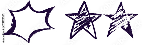 Black crayon hand drawn stars set. Childish doodled sparks and sparkles collection. Grunge rough brush stroke shine element pack for collage, poster, sticker. Kid sketched wax pencil symbols