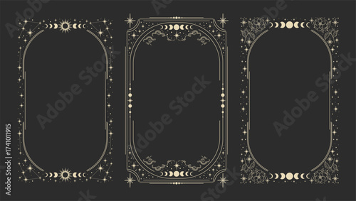 Magical esoteric frame, mystical linear decoration with dots, moon, stars corners isolated on black background. Vector illustration. 