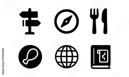 Simple icon collection featuring travel, dining, and communication concepts for versatile graphic design