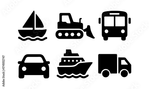 Transportation vehicle icons set featuring boat, bulldozer, bus, car, ship, and truck for design and print projects