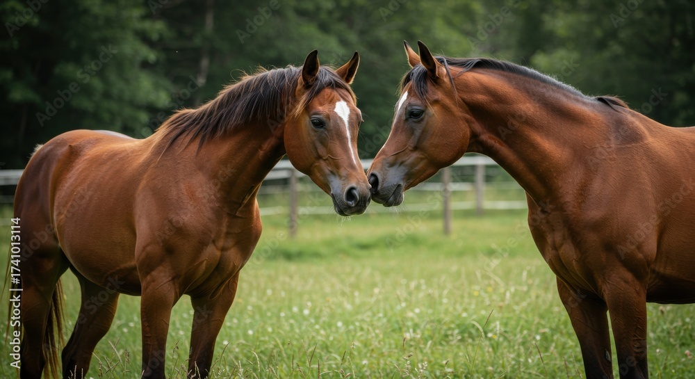 Obraz premium Two brown horses touch noses in a green field on a summer day in the meadow