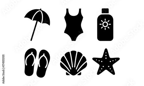 Summer essentials collection for beach day including umbrella, swimsuit, and sunscreen design