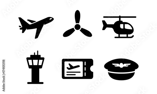 Aviation icon set featuring airplane, helicopter, and control tower for design and branding