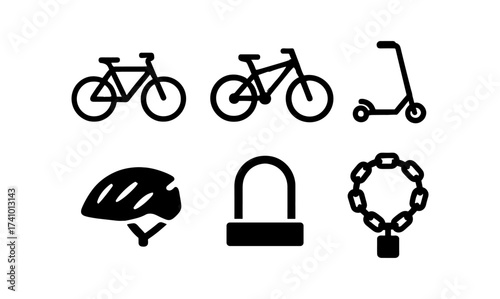 Cycling gear set icons featuring bike, helmet, lock, and scooter for sports equipment design