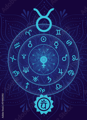 Taurus Ascension: Cosmic Mandala with Vasundhara chakra of stability and connection. A luminous digital illustration merging astrology and chakra wisdom. 
