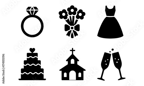 Elegant wedding essentials collection: rings, cakes, dresses, and more for celebratory designs