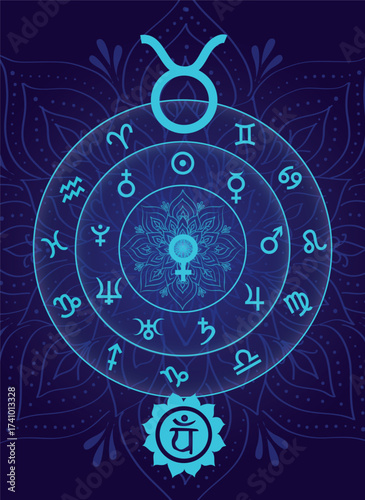 Taurus Ascension: Cosmic Mandala with Vasundhara chakra of stability and connection. A luminous digital illustration merging astrology and chakra wisdom. 
