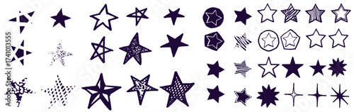 Black crayon hand drawn stars set. Childish doodled sparks and sparkles collection. Grunge rough brush stroke shine element pack for collage, poster, sticker. Kid sketched wax pencil symbols