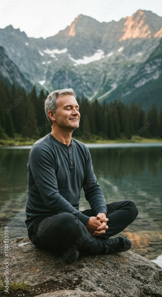 Fototapeta premium Man meditating on a rock by a lake with mountains in the background at sunset