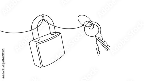 Security lock. Keys. Protection of data, information, website. Continuous line drawing of padlock.