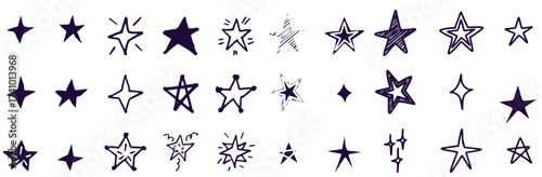 Black crayon hand drawn stars set. Childish doodled sparks and sparkles collection. Grunge rough brush stroke shine element pack for collage, poster, sticker. Kid sketched wax pencil symbols
