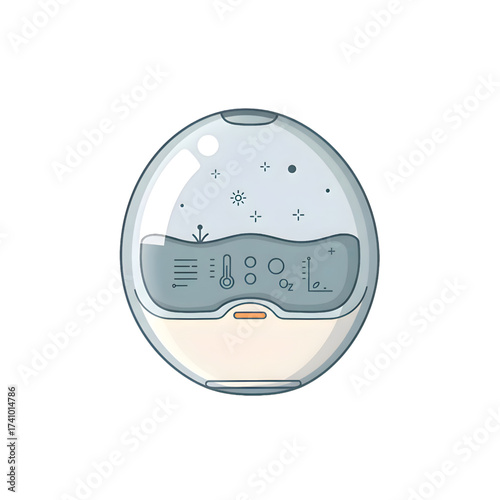Minimalist line-art illustration of egg-shaped smart device with digital display and ambient icons