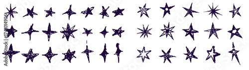 Black crayon hand drawn stars set. Childish doodled sparks and sparkles collection. Grunge rough brush stroke shine element pack for collage, poster, sticker. Kid sketched wax pencil symbols