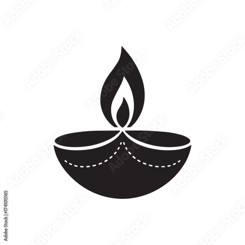 Elegant Diya Silhouette Hindu Religious Lamp Icon Vector
