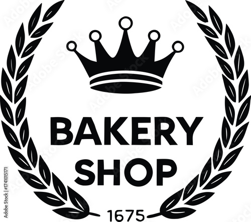 Black and white bakery shop logo with crown and laurel wreath emblem