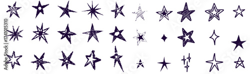 Black crayon hand drawn stars set. Childish doodled sparks and sparkles collection. Grunge rough brush stroke shine element pack for collage, poster, sticker. Kid sketched wax pencil symbols