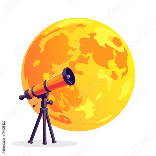 Golden full moon shining bright with a telescope in the foreground, representing curiosity, stargazing, and exploration of the night sky and cosmic wonders.
